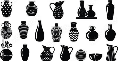 Set of kitchen utensils, cooking tools, and tableware silhouettes, including pots, cups, mortar, whisk, cutting boards, and cutlery, isolated vector illustration on white.