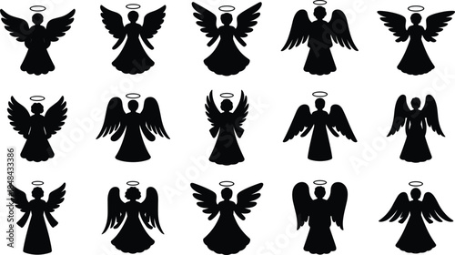 Fifteen Black Silhouette Angels with Halos and Wings Keywords: angel, silhouette, halo, wings, angelic, spiritual, religious