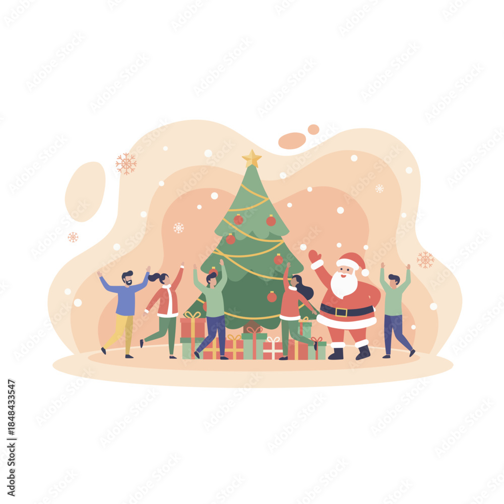 Obraz premium Modern Flat Christmas Celebration Illustration with Santa Claus, People Dancing and Decorated Tree