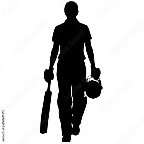Silhouette of a female cricket player walking off the field with bat and helmet