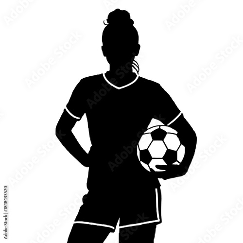 silhouette of a woman holding a soccer ball, standing confidently on white