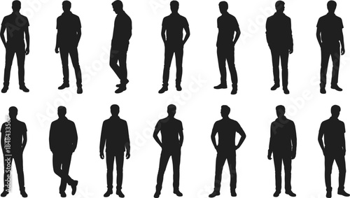 Male silhouette figures in diverse standing and casual poses on white background Keywords: male silhouette, man silhouette