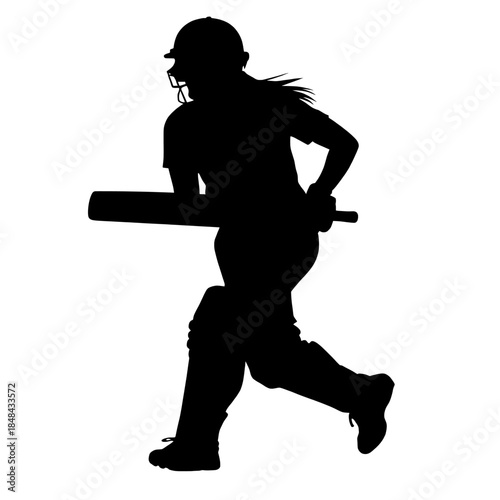 Silhouette of a female cricket player running with bat and pads, motion blur