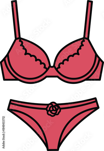 Elegant red lingerie set icon featuring a stylish bra with scalloped lace details and matching floral panties isolated on a white background for fashion design.