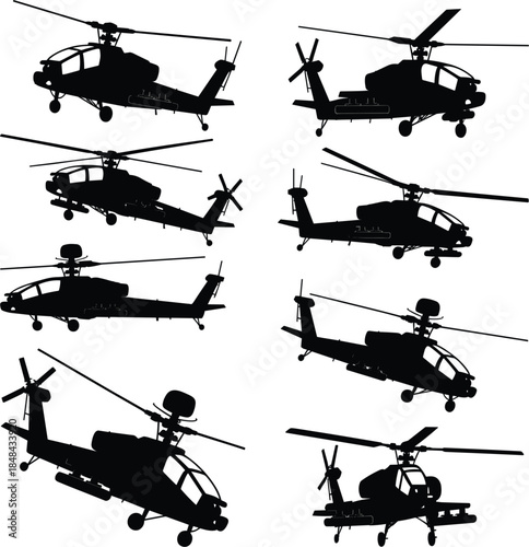 Silhouettes of attack helicopters in different angles on white background Keywords: helicopter, attack helicopter, military