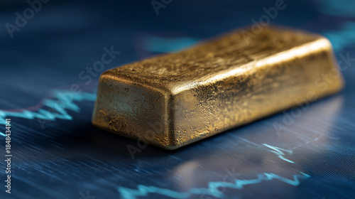Premium textured gold ingot rests on a glowing blue financial stock chart.