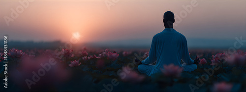 Man meditating in lotus position at sunset in a field of water lilies. Spiritual practice for peace, relaxation and wellness. World peace meditation day.