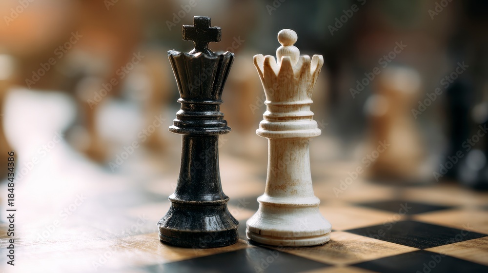 Fototapeta premium A close-up view of a chess board with the black king and white queen in focus. A blurred background shows more pieces