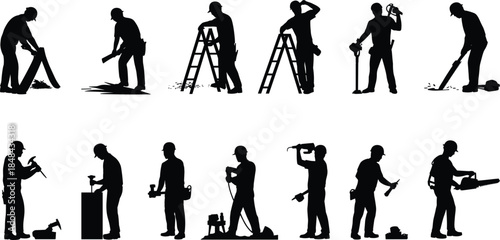 Silhouettes of construction workers with tools and equipment Keywords: construction, worker, silhouette, man, male, builder