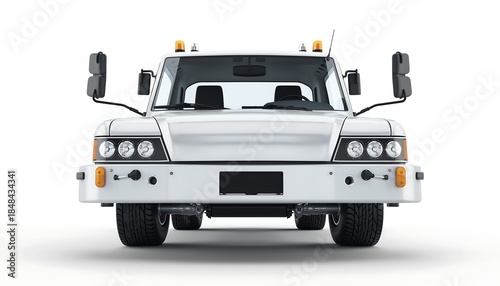 Front perspective of a white heavy duty tow truck, designed for emergency roadside assistance and commercial utility operations, isolated on a clean white background