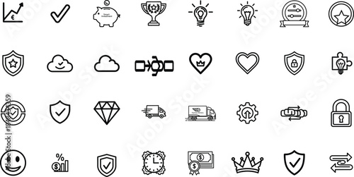 Set of black and white representing business finance and security concepts