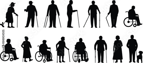 Silhouettes of elderly people with canes and wheelchairs on white background Keywords: elderly, senior, old, people, man, woman