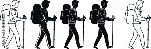 Set of hiker silhouettes and outlines with backpacks and trekking poles in various styles for outdoor adventure travel branding and wilderness exploration graphic design