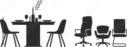 Silhouettes of Dining Table and Chairs with Office Chairs furniture