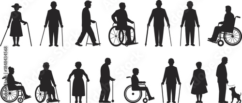 Silhouettes of elderly people with canes and wheelchairs on white background Keywords: elderly, senior, old, people, man, woman
