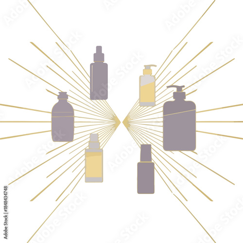 Skincare promo template with various bottles and tubes arranged symmetrically, featuring yellow and gray colors, against a white background with dynamic lines radiating from the center.