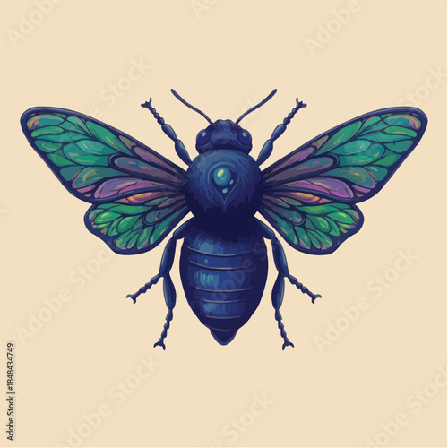 Detailed Illustration of a Blue Carpenter Bee with iridescent wings.