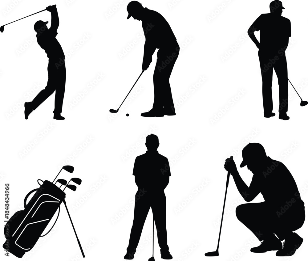 Obraz premium Silhouettes of golfers in various poses with clubs and bag on white background Keywords: golfer, golf, silhouette, man, male