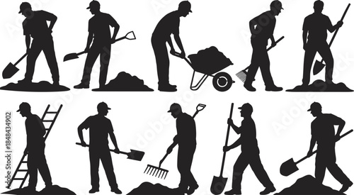 Silhouettes of gardeners digging raking and using wheelbarrows on white background Keywords: gardener, gardening, silhouette