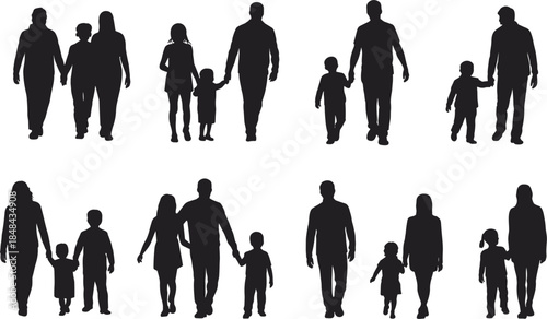 Silhouettes of Families Walking Together Holding Hands With Children Keywords: family, silhouette, walking, holding hands