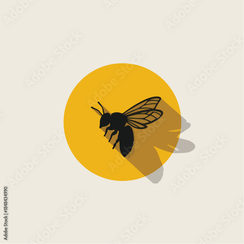 Stylized Bee Silhouette with Long Shadow on Yellow Circle.