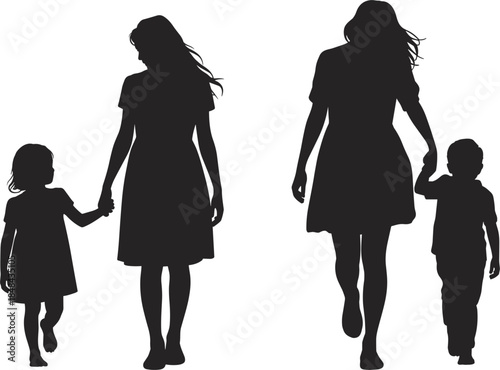 Silhouettes of mothers holding hands with their children walking forward Keywords: mother, child, son, daughter, family, parent