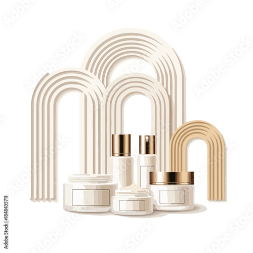 Skincare promo template featuring cream jars and tubes with gold caps, arranged with beige arches on a white background, conveying a clean and elegant aesthetic.