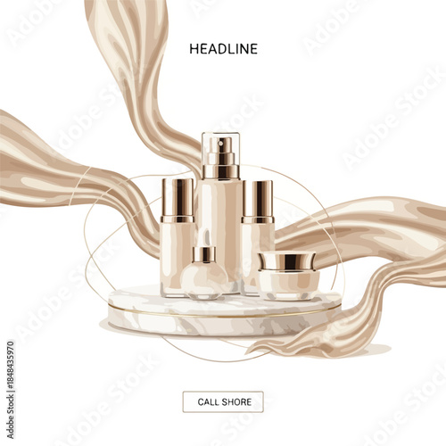 Skincare promo template with golden bottles and cream on a marble stand against a white background with flowing beige liquid.