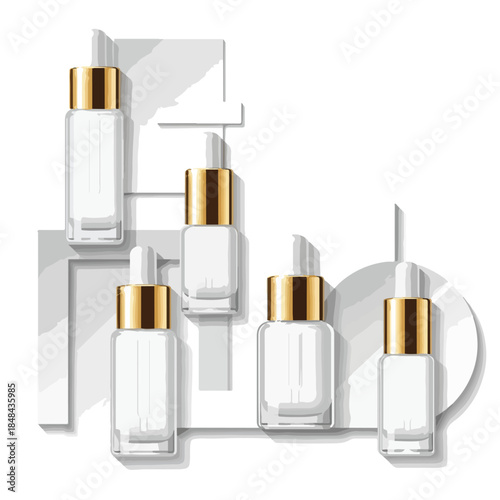 A skincare promo template featuring five clear glass dropper bottles with gold caps on a white background with geometric shapes.
