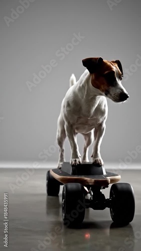 A muscular Jack Russell Terrier expertly balances on an electric skateboard
