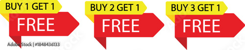 buy one get one free promotional sale badge ribbon label set retail discount offer isolated on white background.