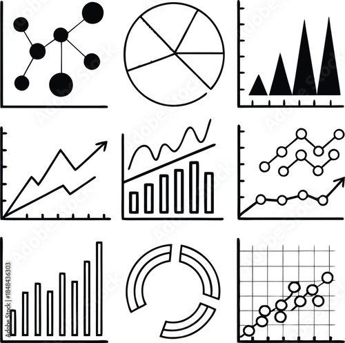 Nine different types of data visualization charts in black and white graphs network diagram