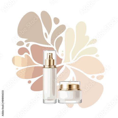 Skincare promo template with a bottle and a jar of cream on a white background with a colorful abstract design