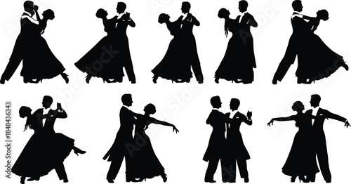 Set of silhouettes of dancing couples doing ballroom waltz and tango, vector illustration of man and woman isolated on white background for wedding design.