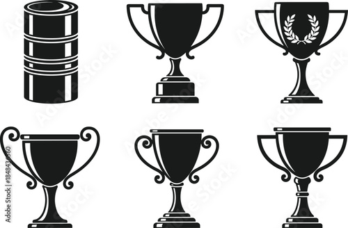 Fotografija Set of six different trophy cup and award silhouettes, including a laurel wreath emblem and a unique cylindrical shape, symbolizing competition, victory, and achievement vector illustration