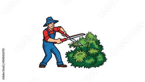 Energetic cartoon of a diligent gardener in blue overalls and hat, actively pruning a green bush with red shears, embodying meticulous home garden care and efficient landscaping maintenance