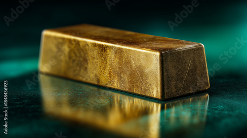 Cinematic closeup of a textured gold bar bullion against a vibrant deep teal backdrop