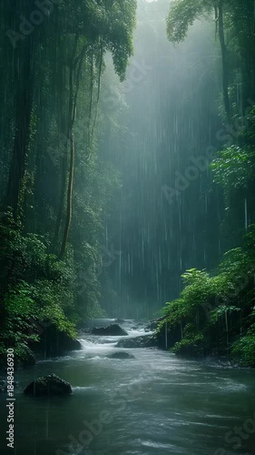 Create a 4K seamless looping virtual video background of a tropical forest with a flowing ri 