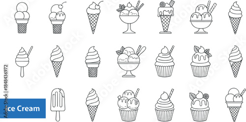 Minimalist Ice Cream and Dessert Line Icons for Cafe Menus, Summer Branding, and Modern Confectionery Designs