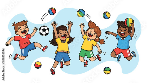 Diverse group of joyful children playing with colorful balls outdoors on a sunny day, illustration