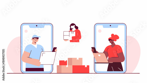 Delivery service concept with people on phones and packages in a digital interface display online order