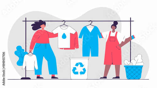 Two people sorting clothes on a rack with a recycling bin and laundry basket near them in a room