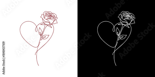 Elegant single line drawing of a rose emerging from a heart, symbolizing love and romance, presented in both dark and light variations