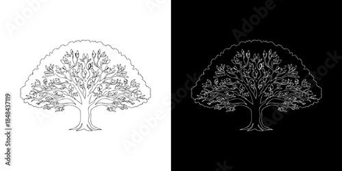 Vector illustration of a lush tree in two outline styles black on white and white on black. Symbolizing nature, growth, life, environment, and ecological balance. Clean line art