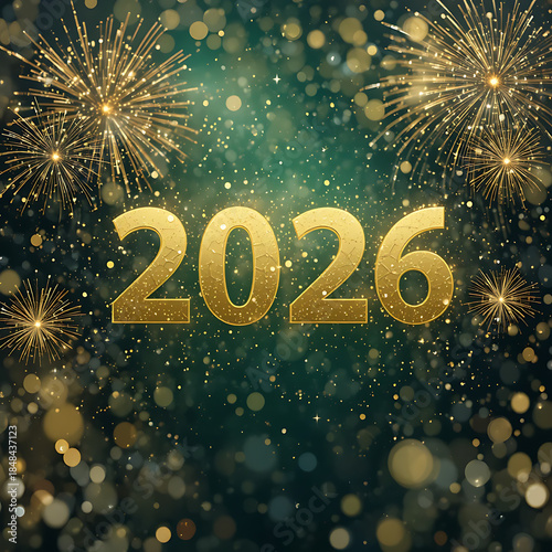 silvester sylvester 2026 new year new years eve party background banner panorama illustration abstract gold firework fireworks on dark green texture with bokeh lights 2026