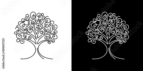 Elegant and intricate line art illustration of a stylized tree, featuring swirling branches and delicate organic patterns, presented as a versatile graphic design element in black and white