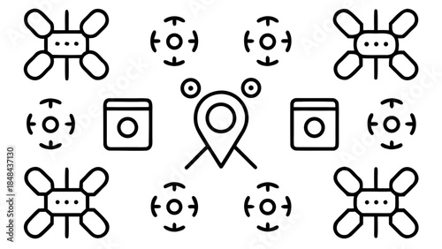 Illustration showing location pin, container boxes, and fan icons in a symmetrical arrangement
