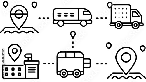 Logistics route showing a warehouse and several trucks connected by dotted lines and location markers