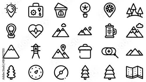Illustration of various travel icons including mountains, trees, maps, and location markers displayed neatly
