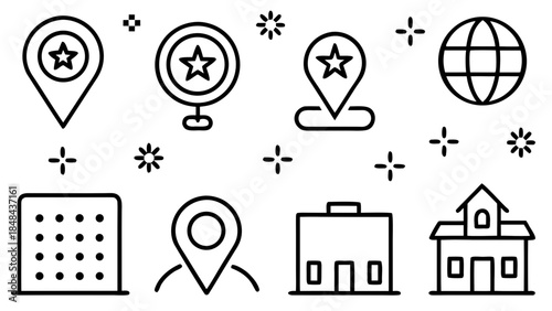 Illustration with location markers, a globe, buildings, and starbursts in a simple black outline